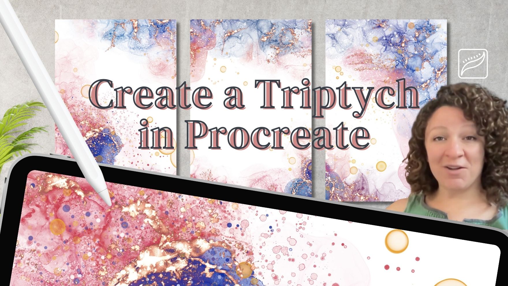 Triptych artwork painted in Procreate, orange, blue and purple abstract panels